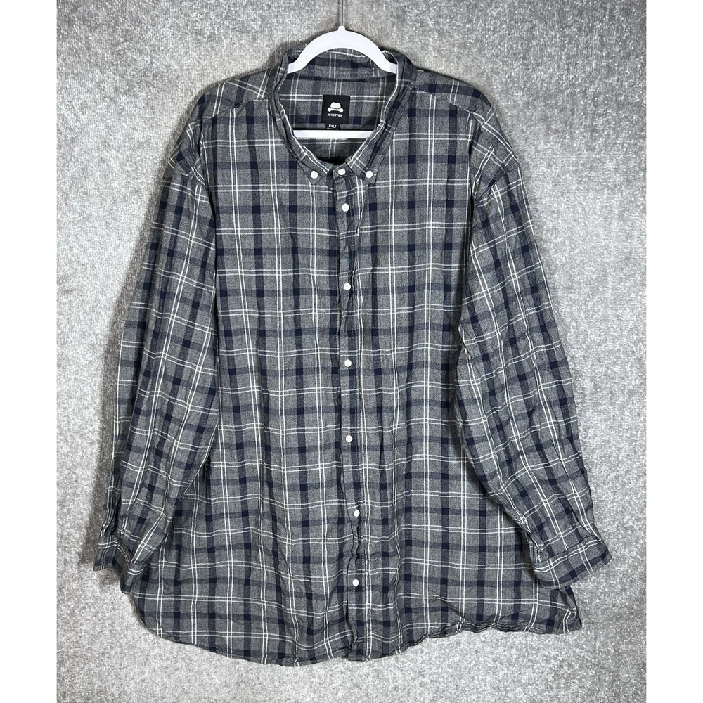 Winston Button Down Shirt‎ Mens Sz 5XLT Blue Gray White Plaid Cotton Long Sleeve